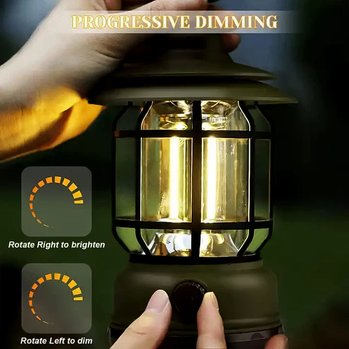 Lantern: Portable Retro Camping Lamp with Knob Adjustable LED, Type-C Charging & Waterproof Design for Outdoor & Emergency Use