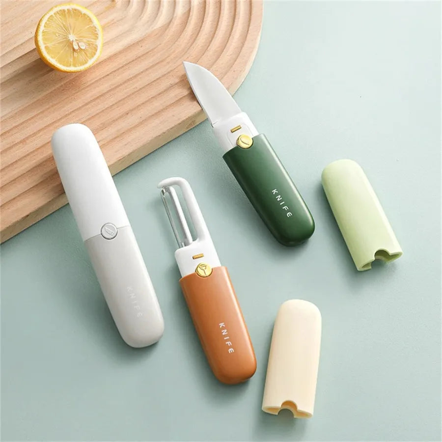 Peelzy: Foldable 2-in-1 Peeler & Knife for Fruits, Vegetables & Travel Use – Portable Stainless Steel Folding Cutter with Safety Cover