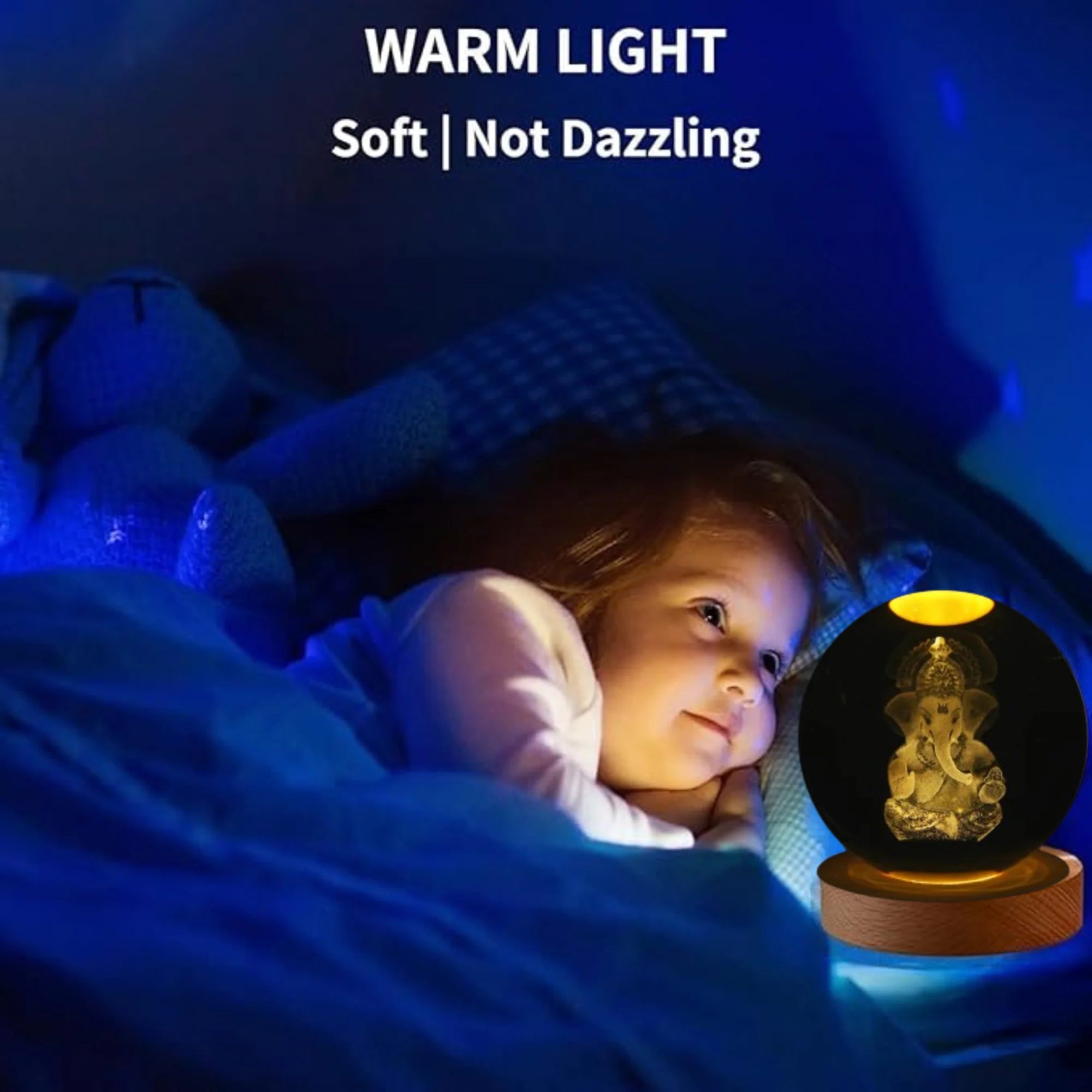 Ganpati: 3D LED Ganpati Ji Crystal Ball Night Lamp with USB-Powered Colorful Glow & Wooden Base for Home, Mandir & Office Décor