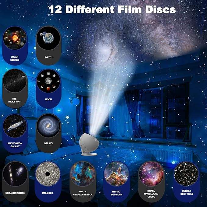 Starlight: Galaxy Planetarium Projector with Star & Nebula Lighting Effects, Starry Sky Night Light with 12 Projection Film Discs for Bedroom & Home Décor