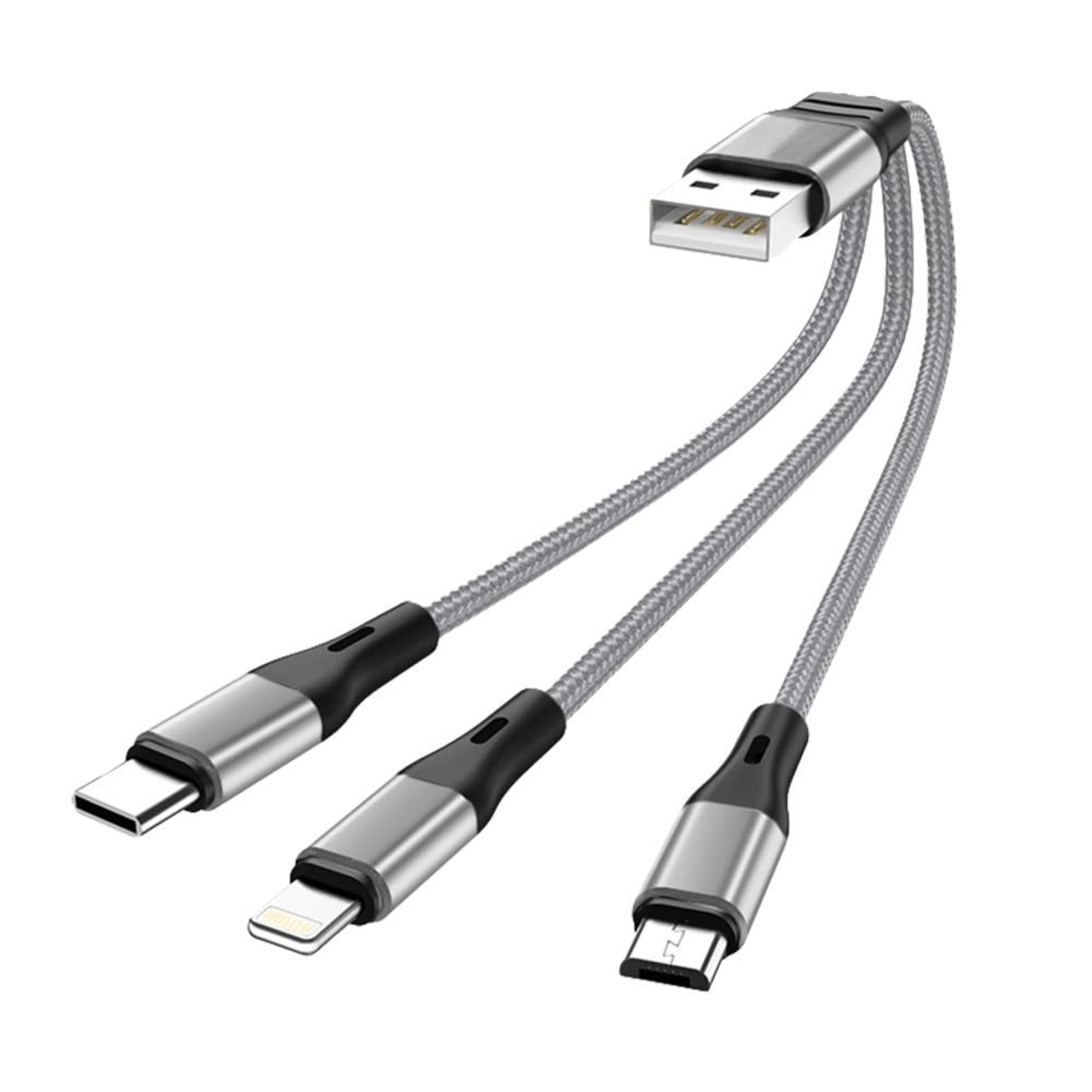 Triplex: 3-in-1 Universal Fast Charging Cable with Lightning, Type-C & Micro-USB – Durable Fabric Multi Charging Cable (21 cm)