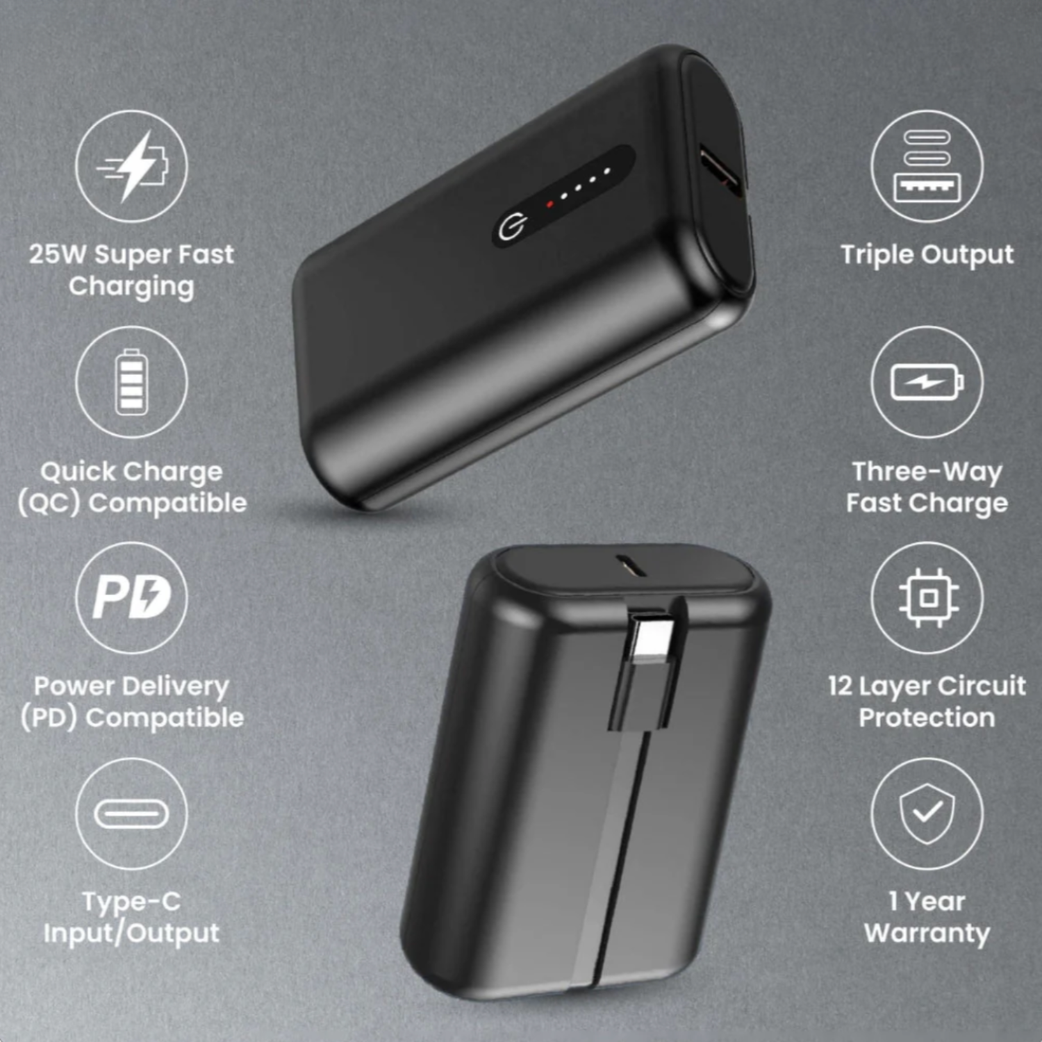 Podex: 10000mAh Ultra-Compact Power Bank with 22.5W Fast Charging, Dual Output, LED Indicator & Type-C Input/Output