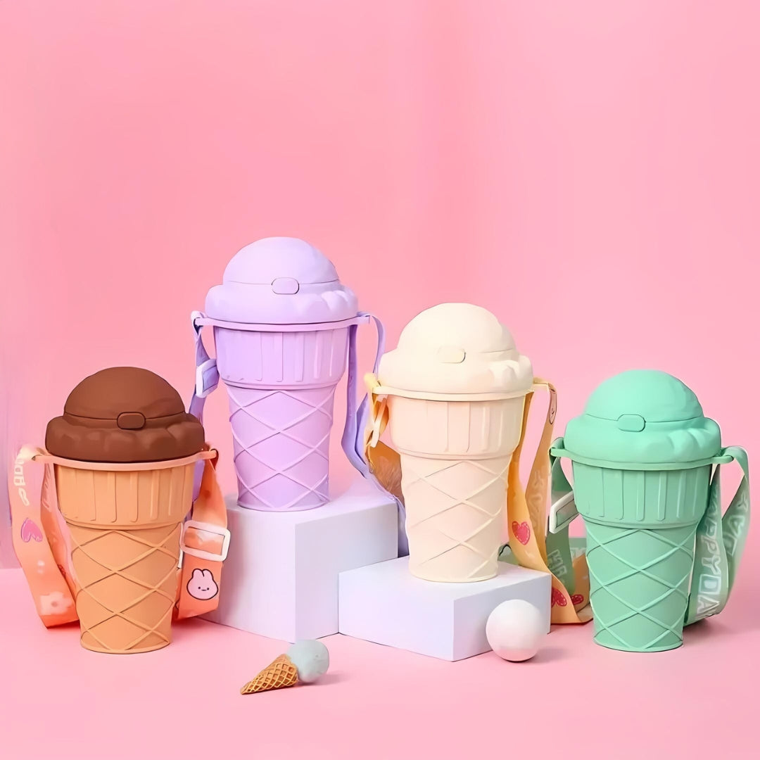 Sippy: Adorable Ice Cream Cone Sipper Bottle with Built-In Straw & Kid-Friendly 450ml Design