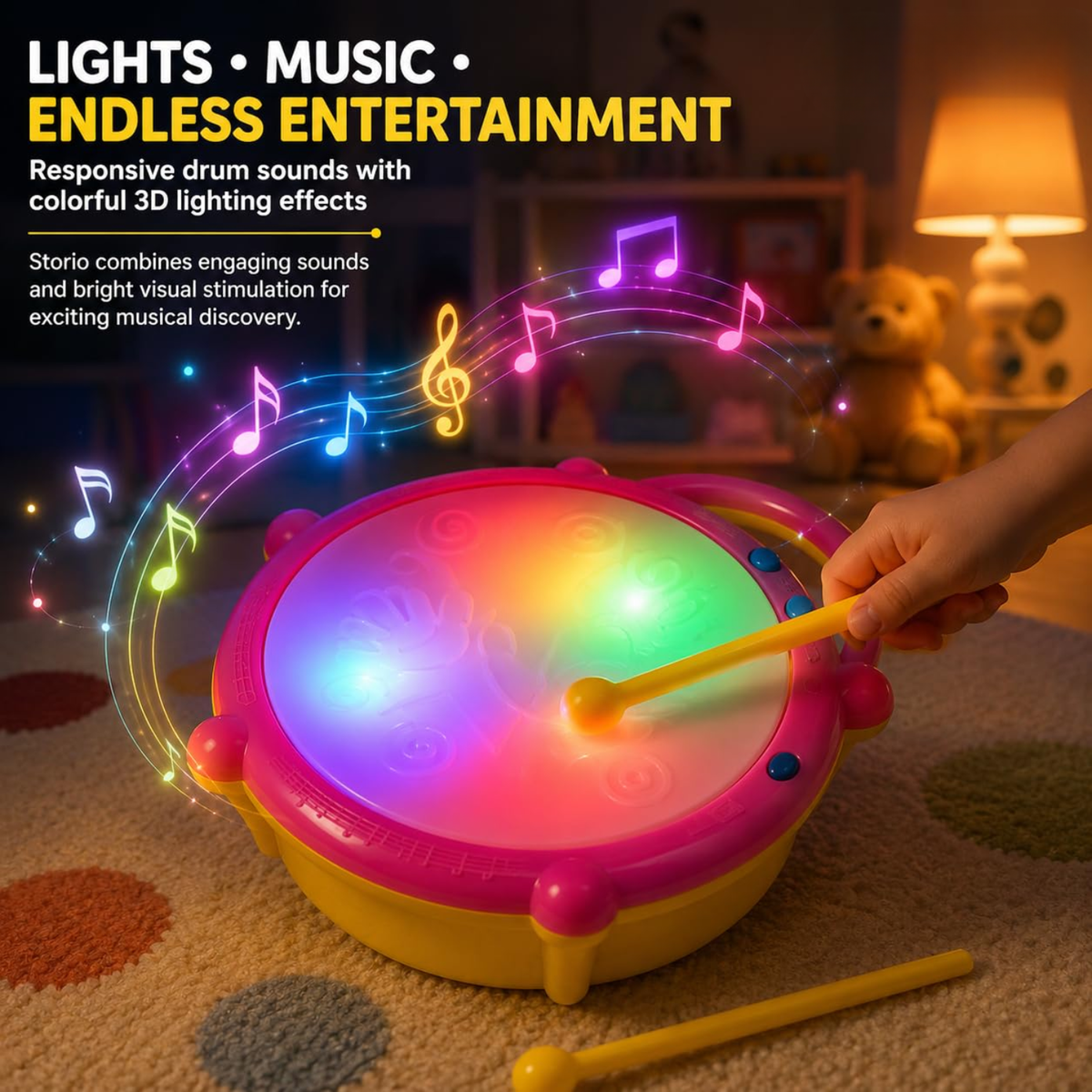 Drumzy: Interactive Musical Flash Drum Toy with 3D Colourful LED Lights, Drum Sounds, Music & Rhythm Play for Kids