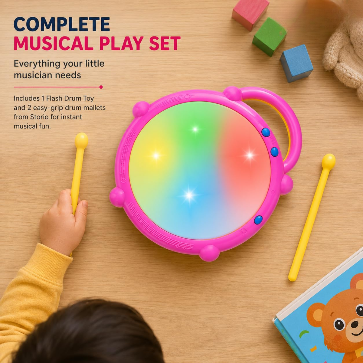 Drumzy: Interactive Musical Flash Drum Toy with 3D Colourful LED Lights, Drum Sounds, Music & Rhythm Play for Kids