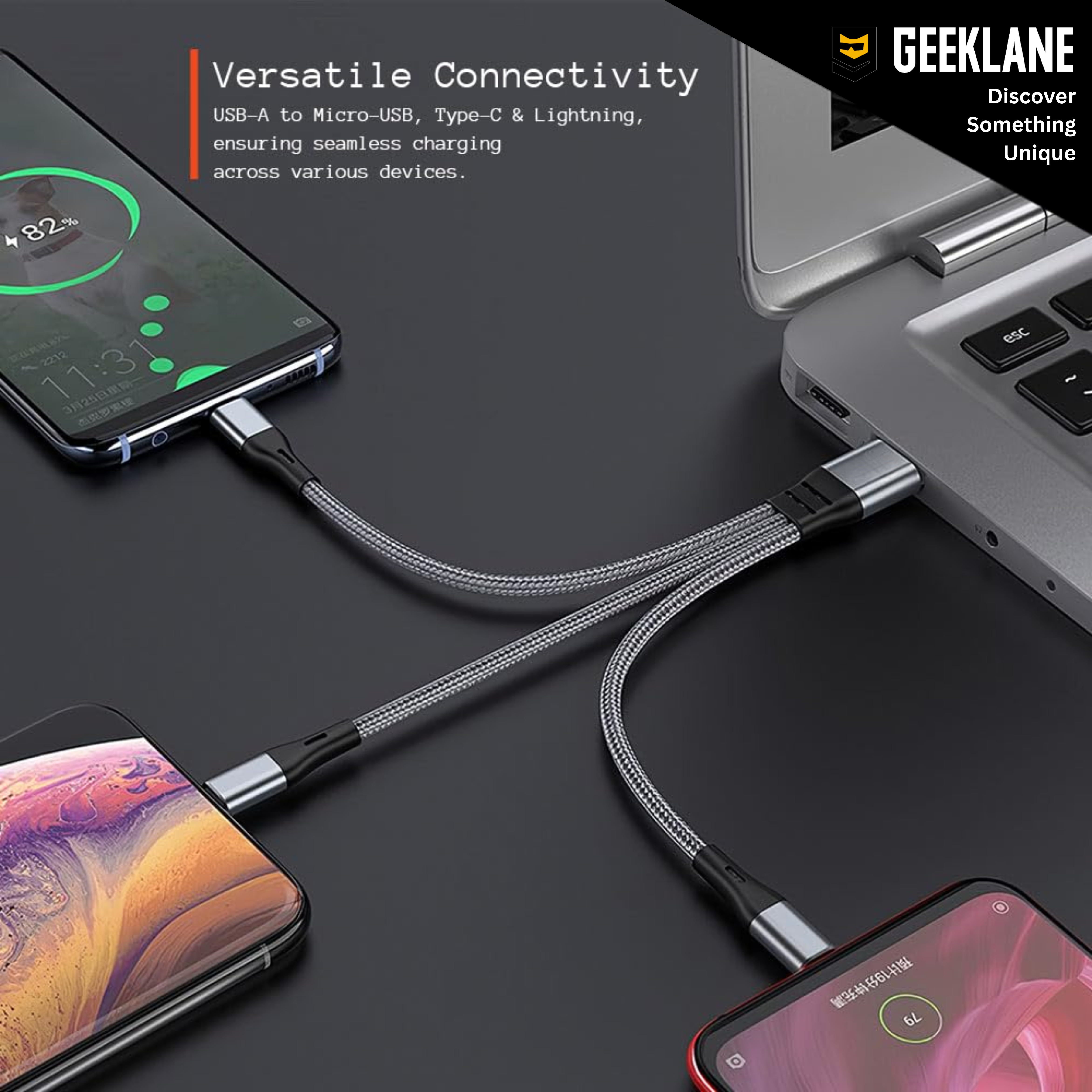 Triplex: 3-in-1 Universal Fast Charging Cable with Lightning, Type-C & Micro-USB – Durable Fabric Multi Charging Cable (21 cm)