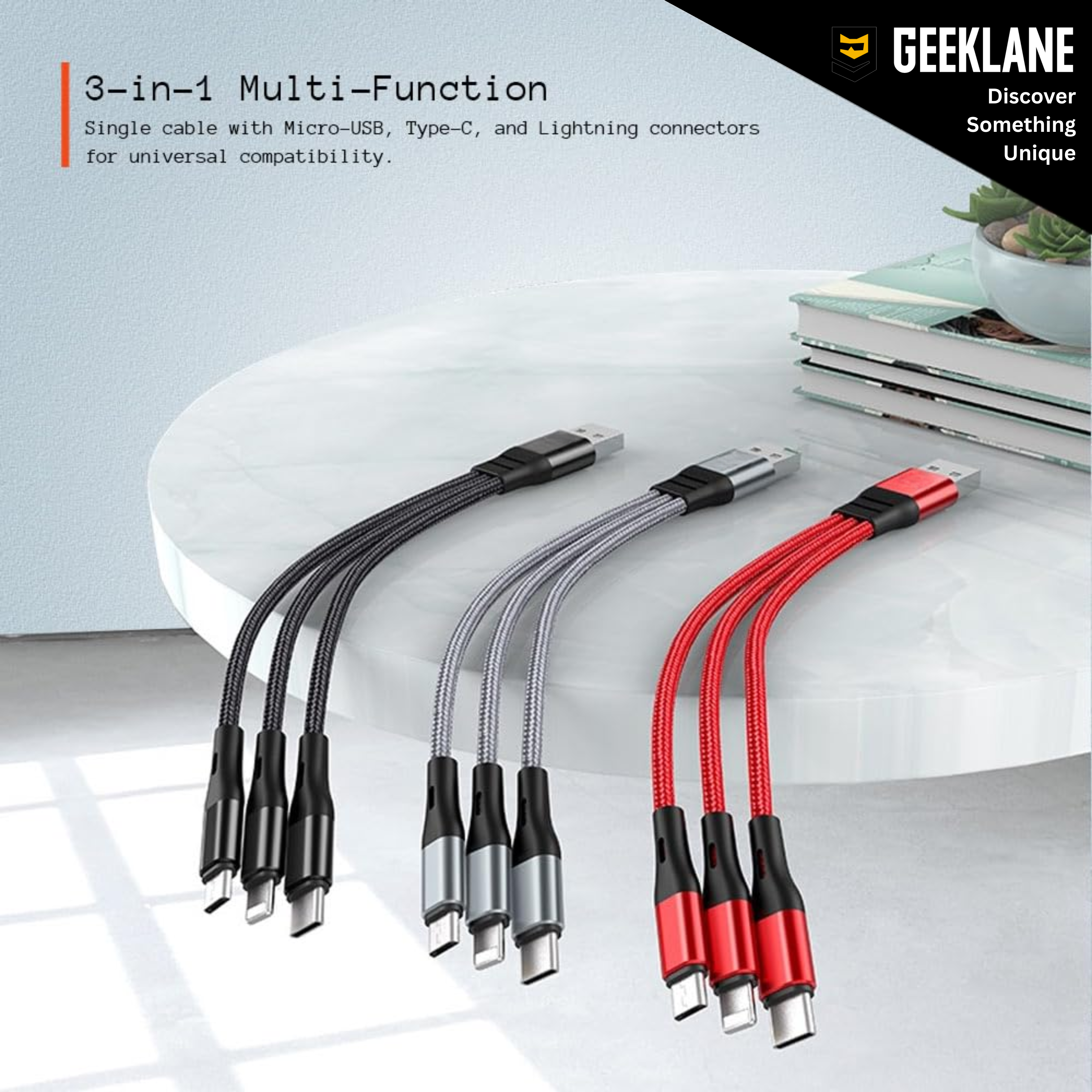 Triplex: 3-in-1 Universal Fast Charging Cable with Lightning, Type-C & Micro-USB – Durable Fabric Multi Charging Cable (21 cm)