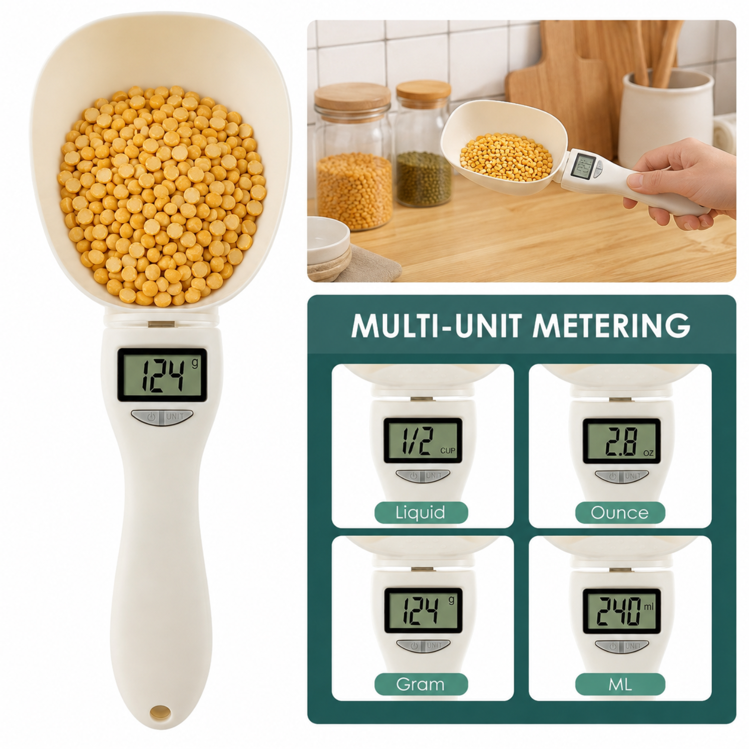 Scoopy: Digital Measuring Spoon Scale with LCD Display, 1g Precision, Removable Spoon & Electronic Weighing Function for Kitchen Ingredients, Meals & Pet Food