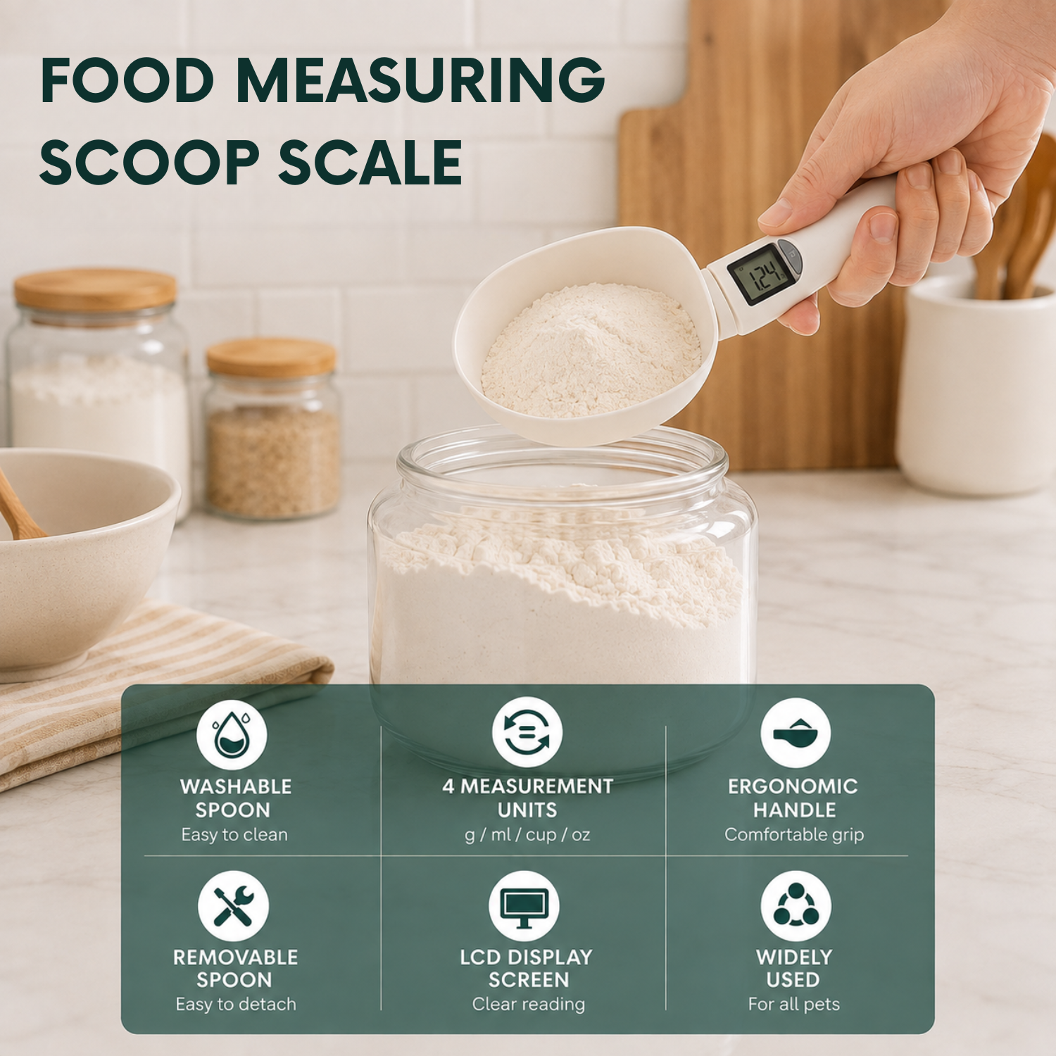 Scoopy: Digital Measuring Spoon Scale with LCD Display, 1g Precision, Removable Spoon & Electronic Weighing Function for Kitchen Ingredients, Meals & Pet Food