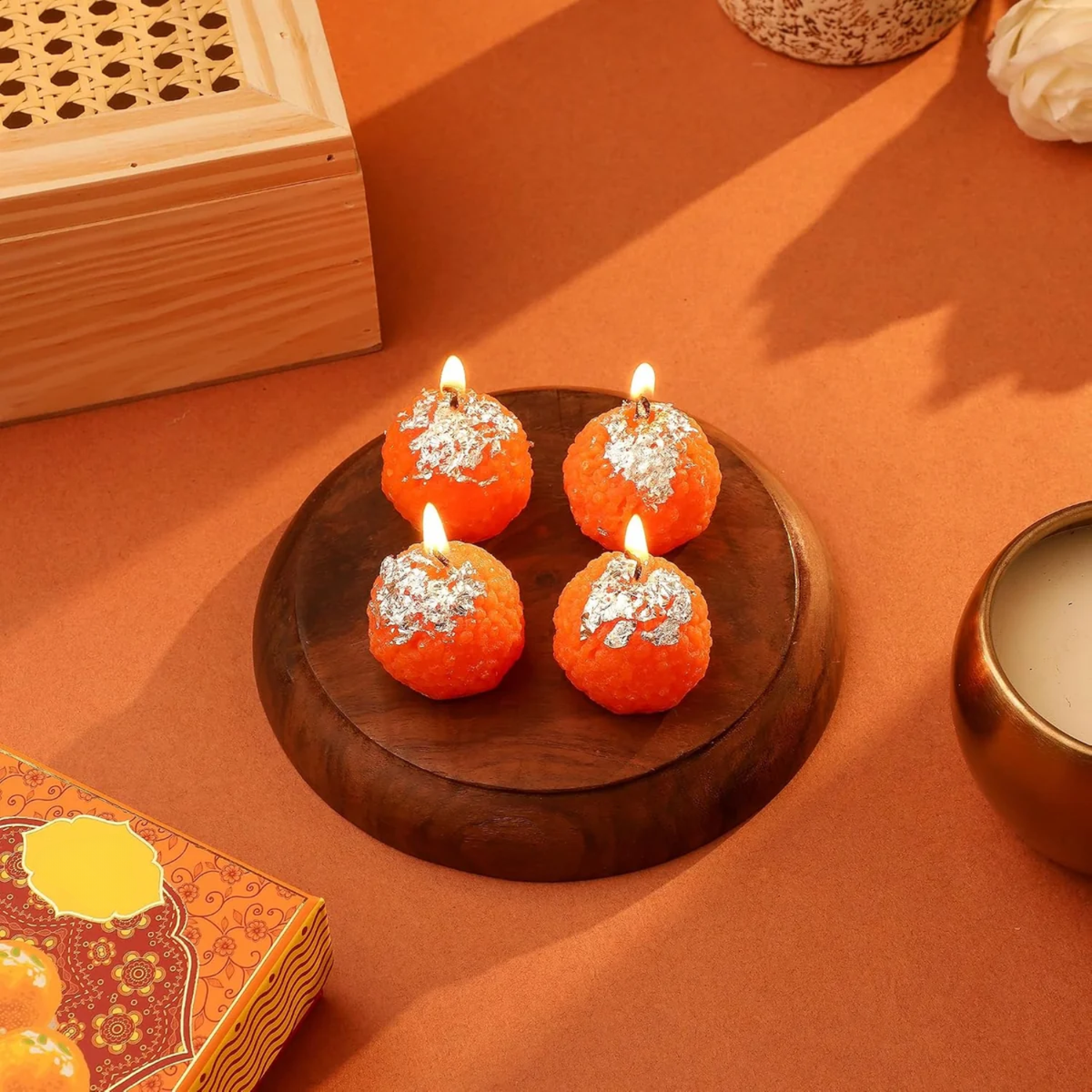 Laddoo: Traditional Motichoor Laddoo-Shaped Decorative Candles, Festive Mithai-Style Wax Candles for Diwali Décor & Gifting (Pack of 4)