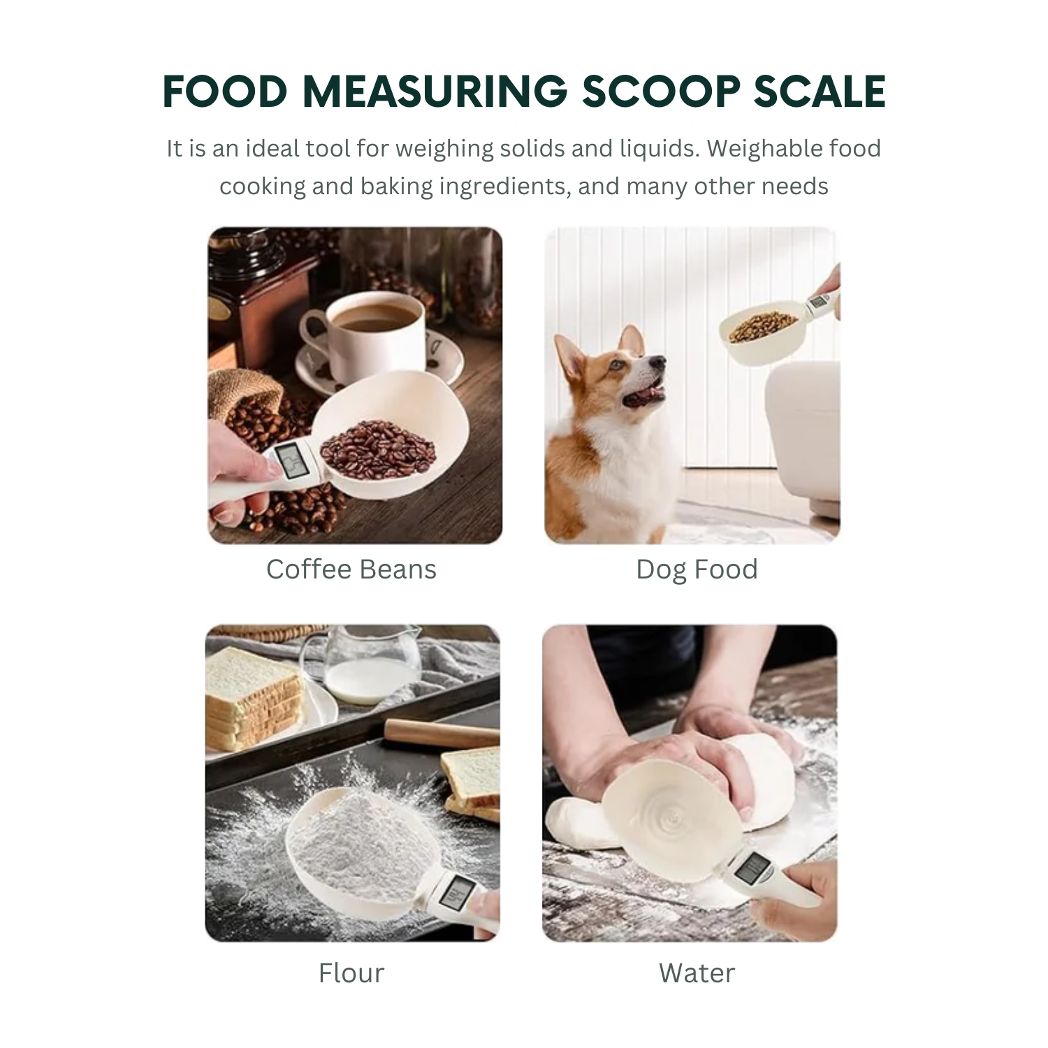 Scoopy: Digital Measuring Spoon Scale with LCD Display, 1g Precision, Removable Spoon & Electronic Weighing Function for Kitchen Ingredients, Meals & Pet Food