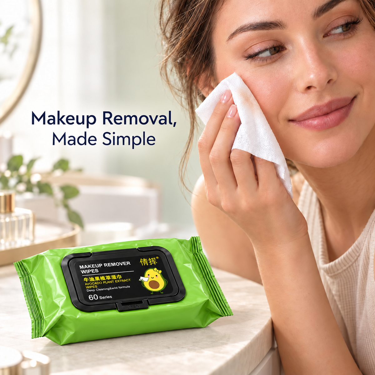 Avora: Avocado Extract Makeup Remover & Facial Cleansing Wet Wipes with Flip-Top Lid for Gentle Skin Cleansing, Hydration, Daily Makeup Removal & Travel Use