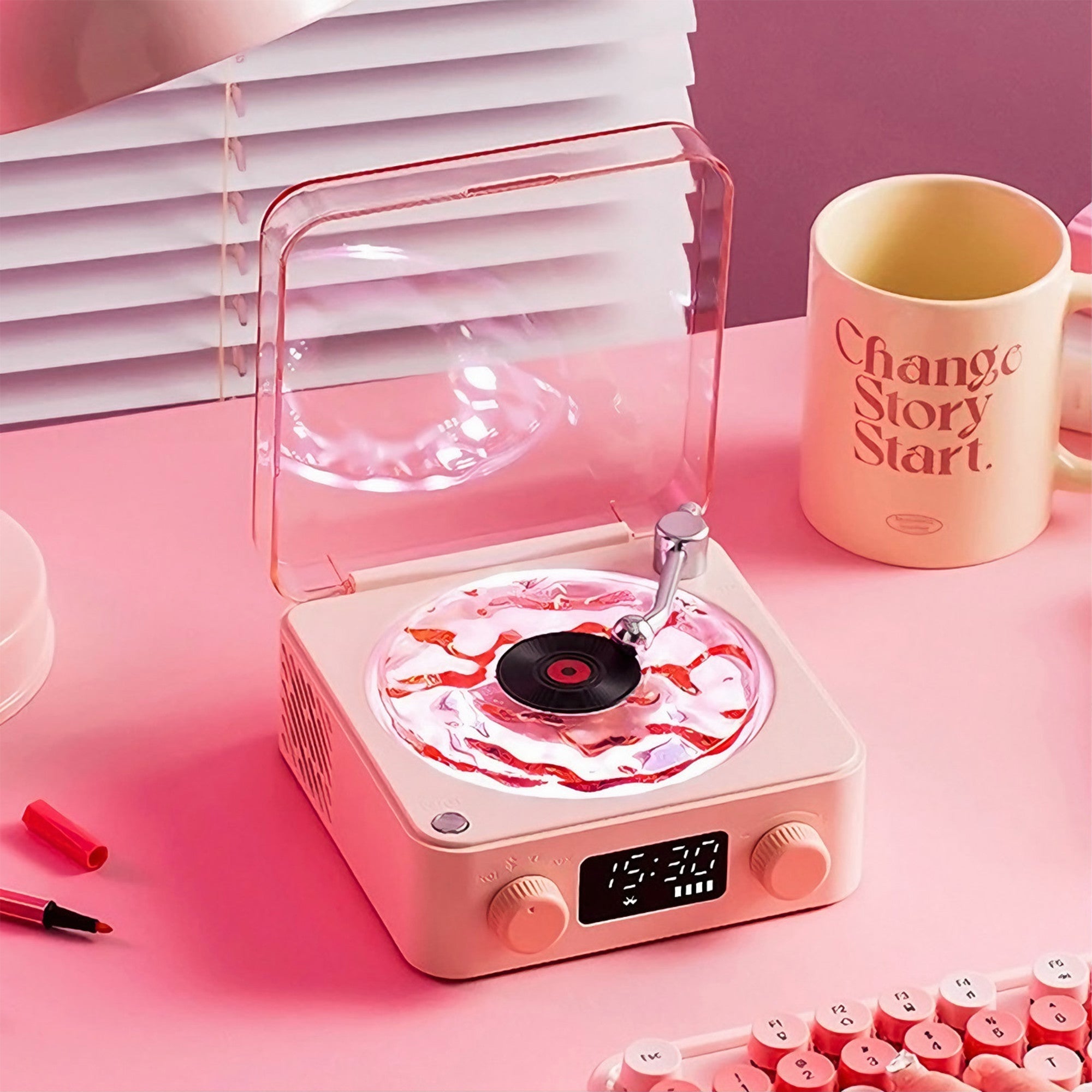 Groovix: Retro-Style Vinyl Bluetooth Speaker with Ambient Light & Digital Clock, Waves-Inspired Wireless Audio for Bedroom, Office & Party Décor