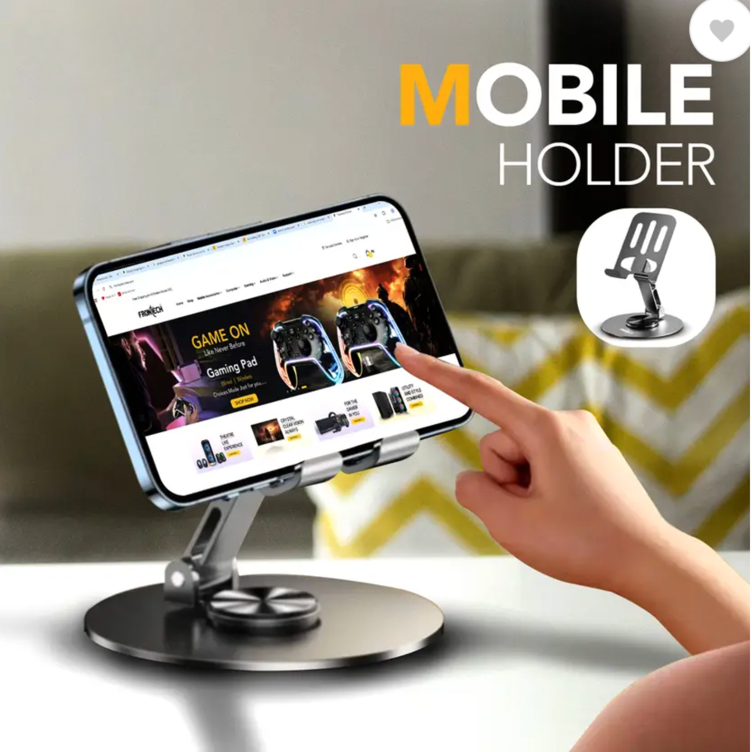Rotaty: Adjustable Universal Mobile & Tablet Stand, 360° Rotating, Foldable Phone Holder with Stable Metal Base, Anti-Slip Pad & Height Adjustment for Desk & Tabletop Use