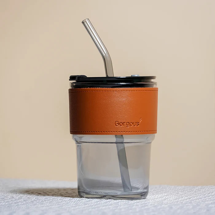 SipMate: Glass Tumbler with Lid, Straw & Leather Sleeve – Perfect for Coffee, Tea, Juice & Everyday Hydration