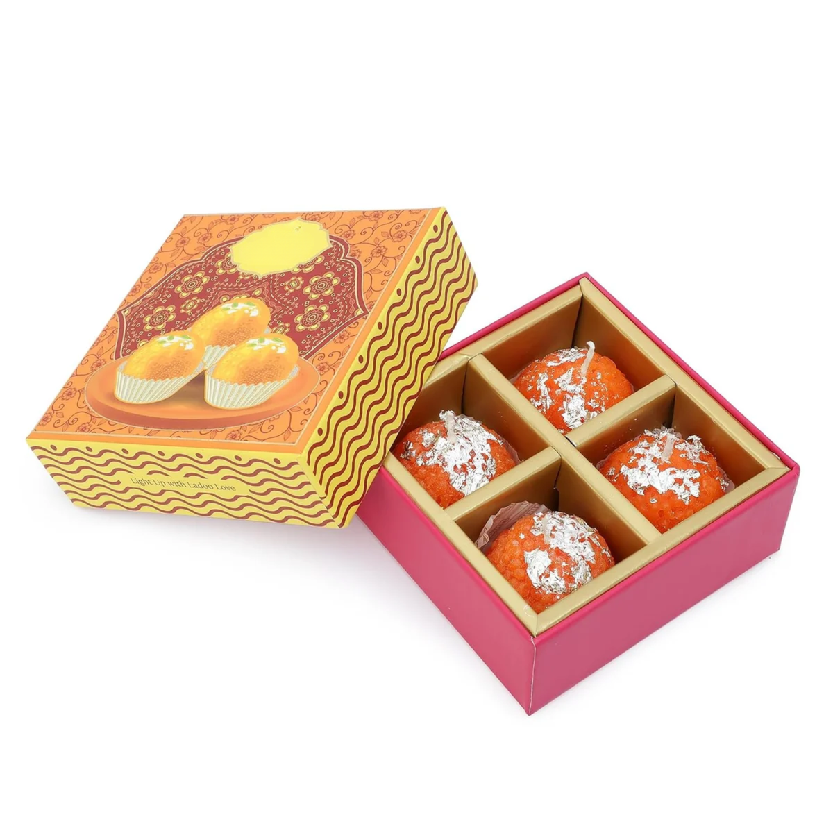 Laddoo: Traditional Motichoor Laddoo-Shaped Decorative Candles, Festive Mithai-Style Wax Candles for Diwali Décor & Gifting (Pack of 4)