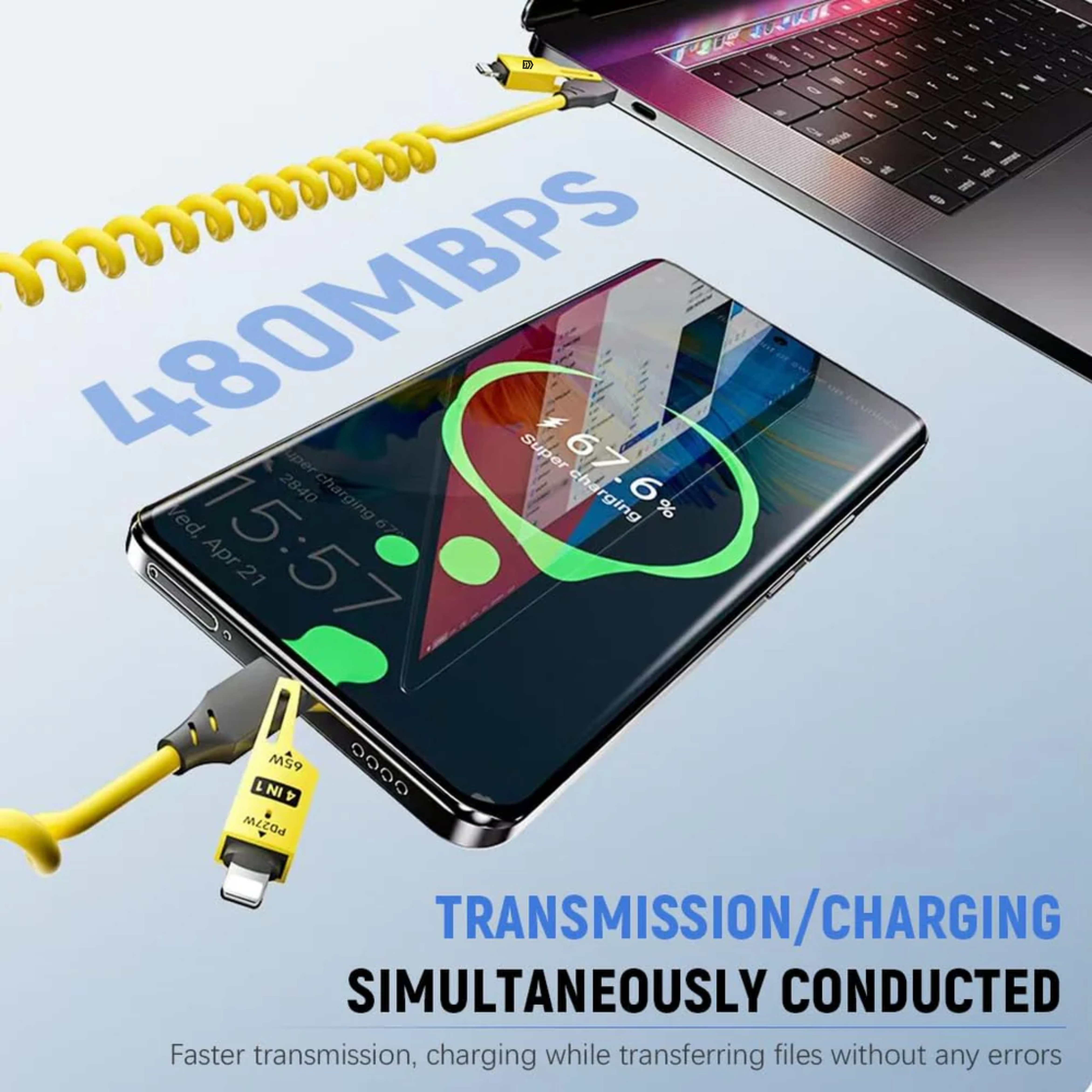 Coolio: 4-in-1 Coiled Charging Cable with USB-A, Type-C & Lightning Connectors – Space Saving Design for Travel, Car & Desk Setups