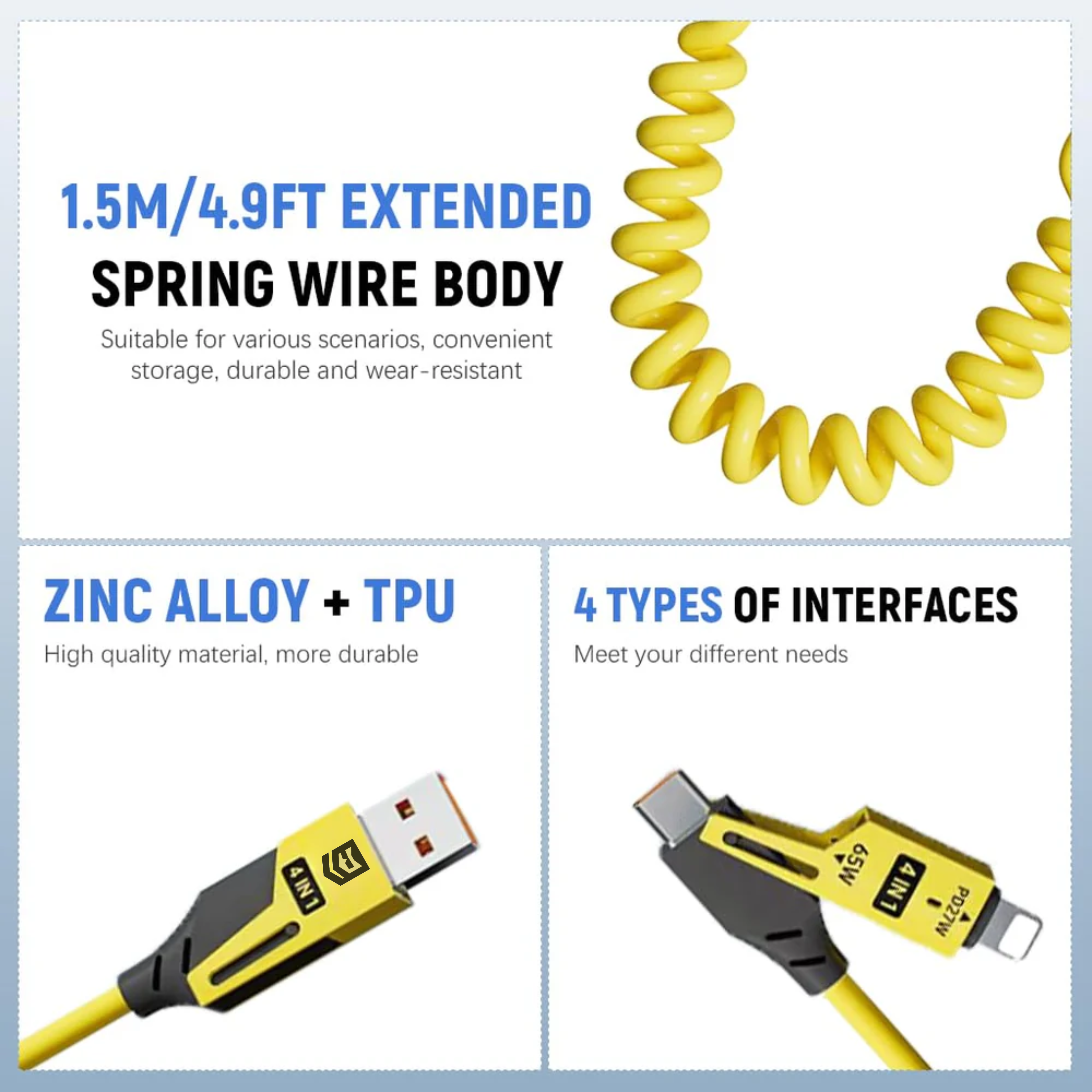 Coolio: 4-in-1 Coiled Charging Cable with USB-A, Type-C & Lightning Connectors – Space Saving Design for Travel, Car & Desk Setups