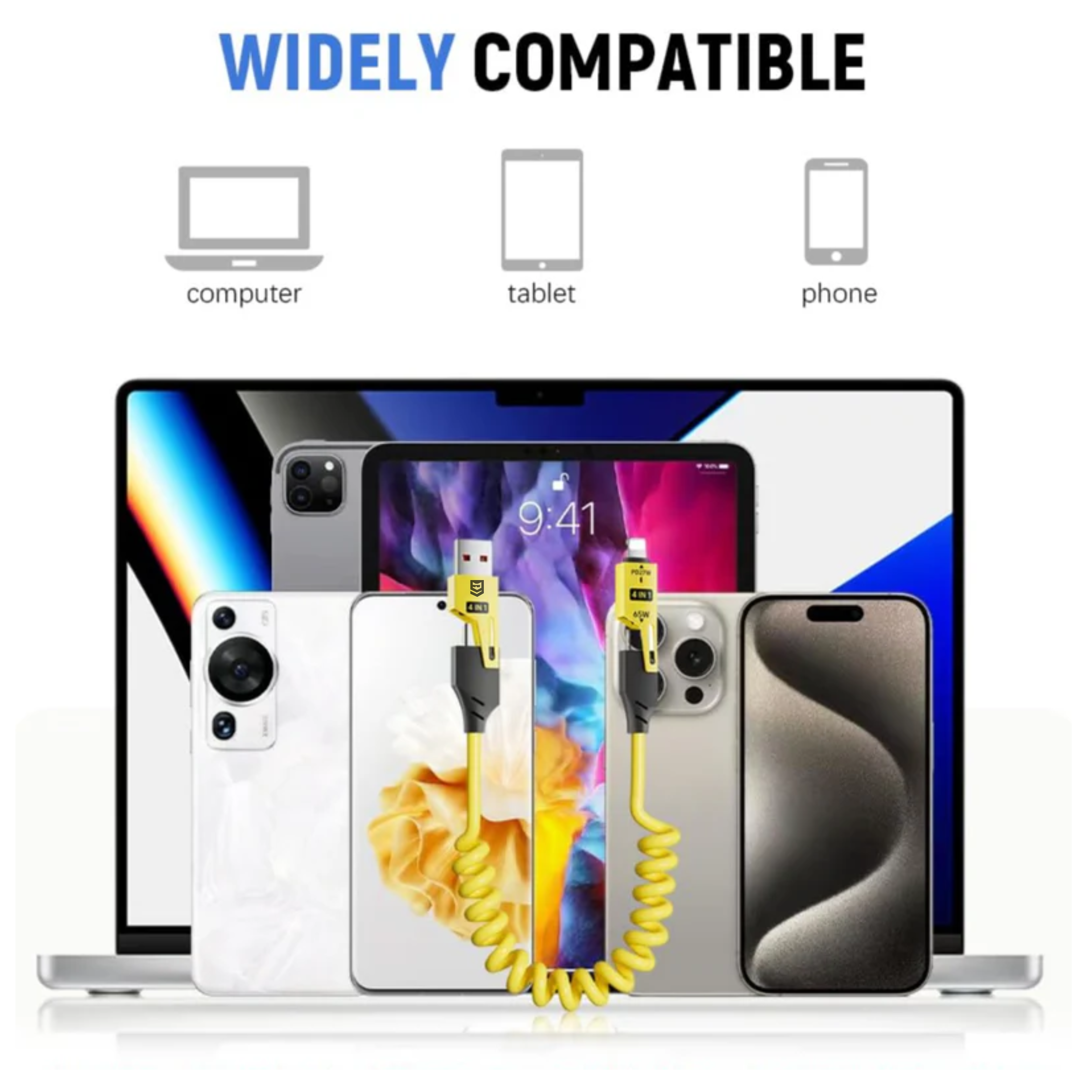 Coolio: 4-in-1 Coiled Charging Cable with USB-A, Type-C & Lightning Connectors – Space Saving Design for Travel, Car & Desk Setups