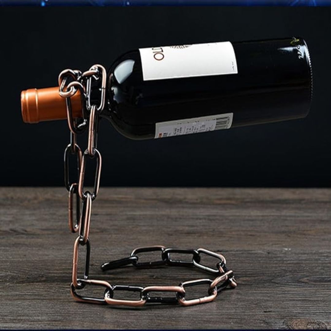 Levino: Optical Illusion Wine Bottle Holder with Floating Chain Design, Tabletop Metal Wine Rack Holder, Unique Home Decor for Bar & Kitchen
