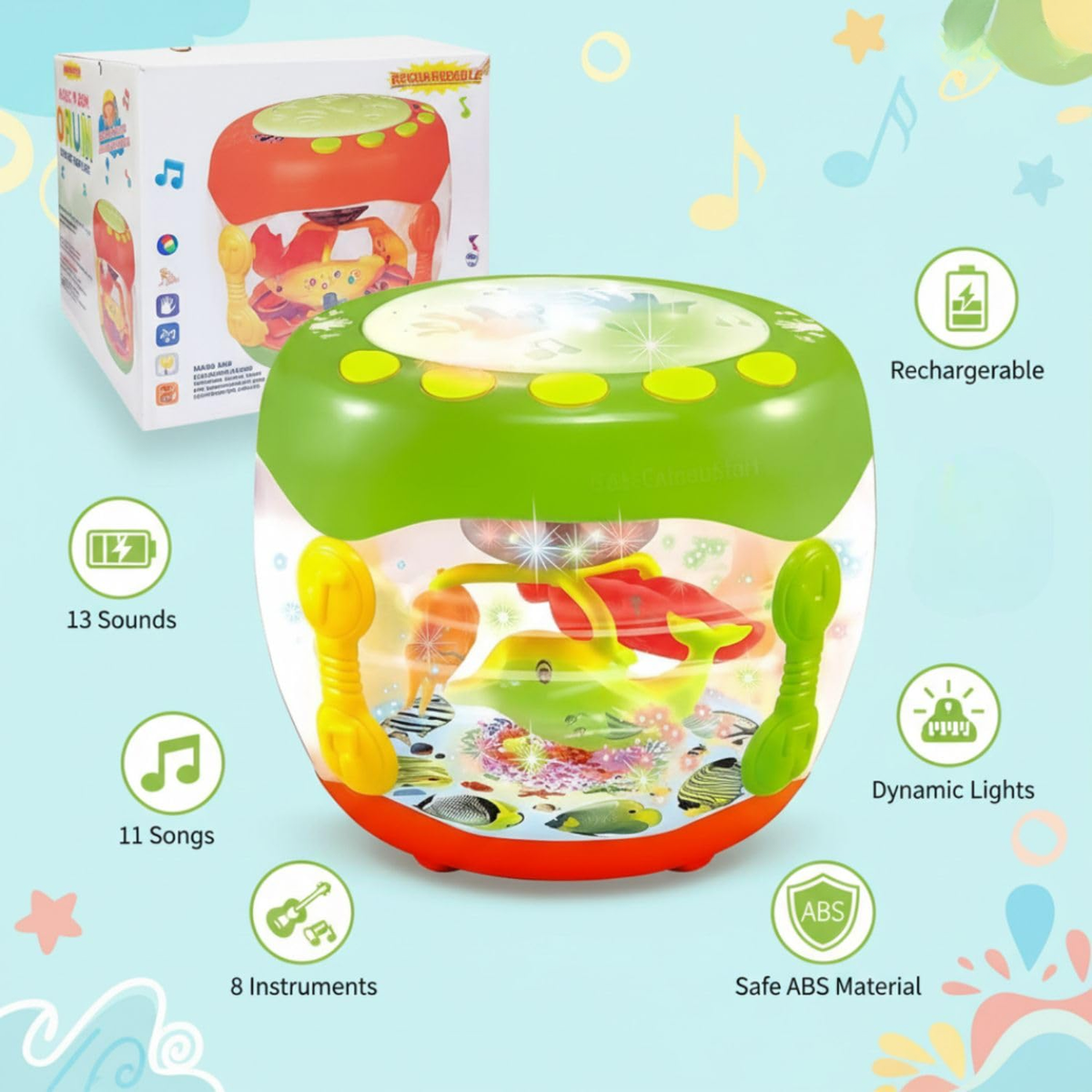Drumo: 2-in-1 Musical Drum & Rotating LED Lamplight Toy with 13 Sounds, 11 Songs, 8 Instrument Modes, Drum Beats & Rechargeable Battery for Kids