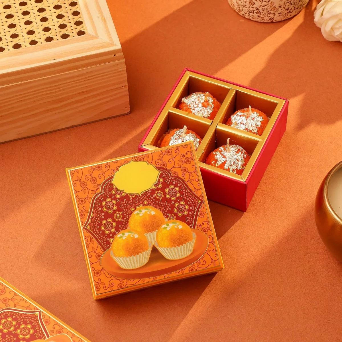 Laddoo: Traditional Motichoor Laddoo-Shaped Decorative Candles, Festive Mithai-Style Wax Candles for Diwali Décor & Gifting (Pack of 4)