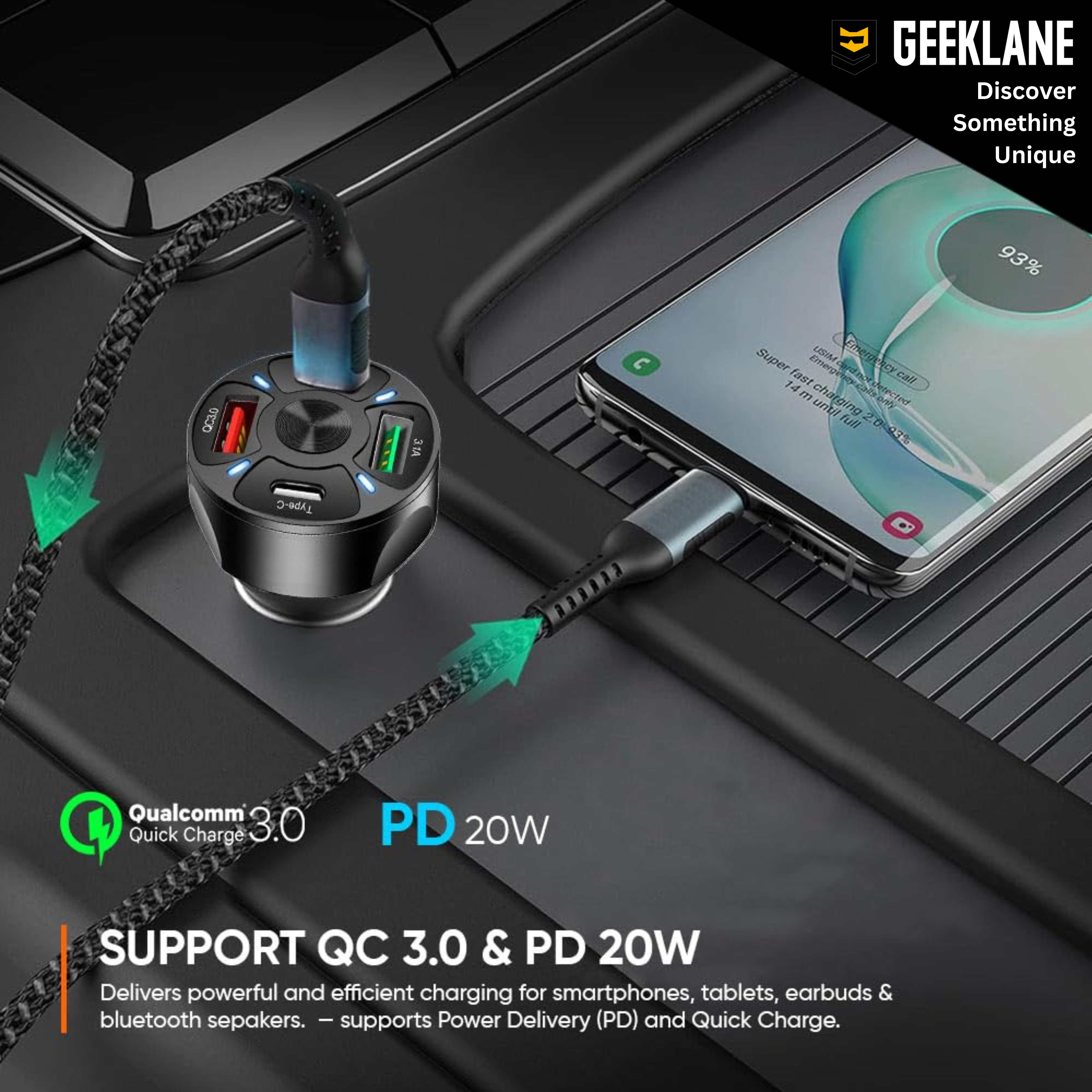 Portsy: 35W Car Charger with Dual USB-C & Dual USB-A Ports, PD 20W & QC 3.0 Fast Charging Adapter for 4 Devices, 12V/24V Compatible for Car