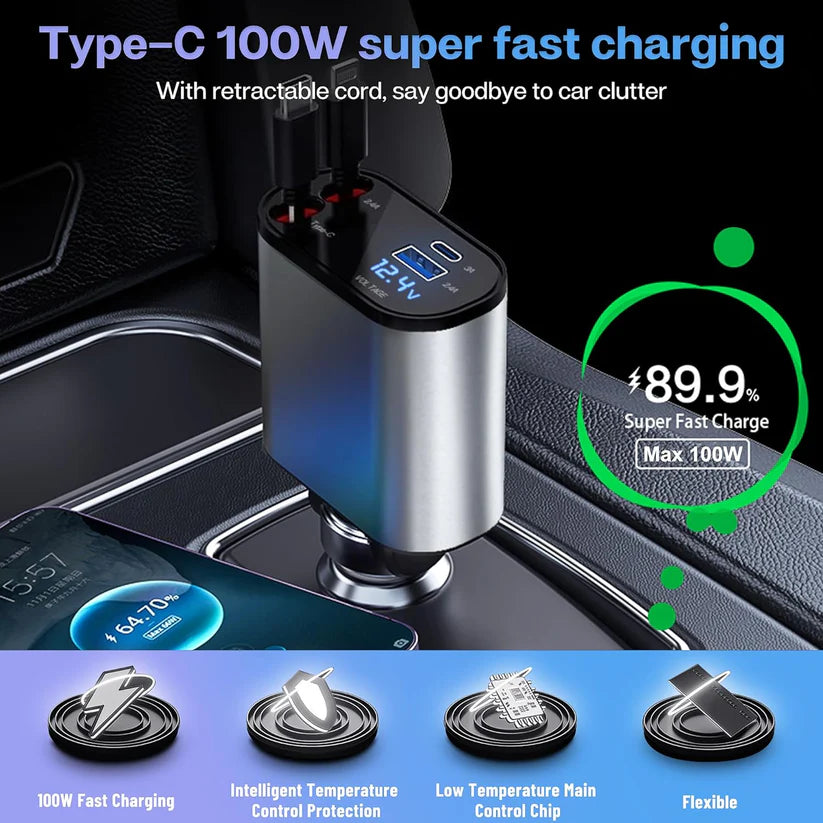 Terminal: 120W 4-in-1 Retractable Car Charger with Voltmeter, QC & PD Fast Charging, Dual USB Ports & Built-In Type-C + Lightning Cables