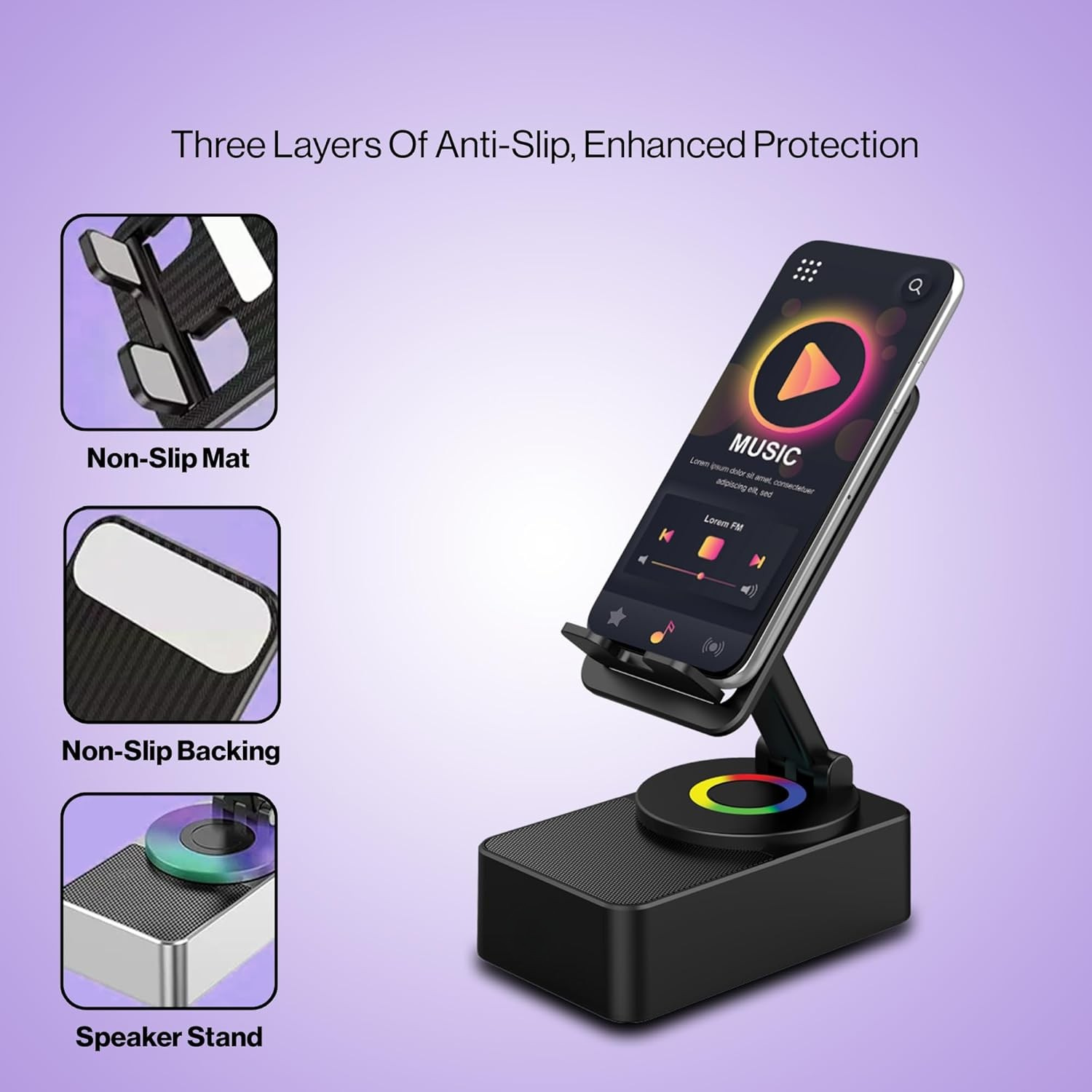 Luvo: 3-in-1 Foldable Phone Stand with Bluetooth Speaker & 360° Rotation, Portable Desk Holder with Wireless Audio, Hands-Free Viewing & Compact Travel-Friendly Designea