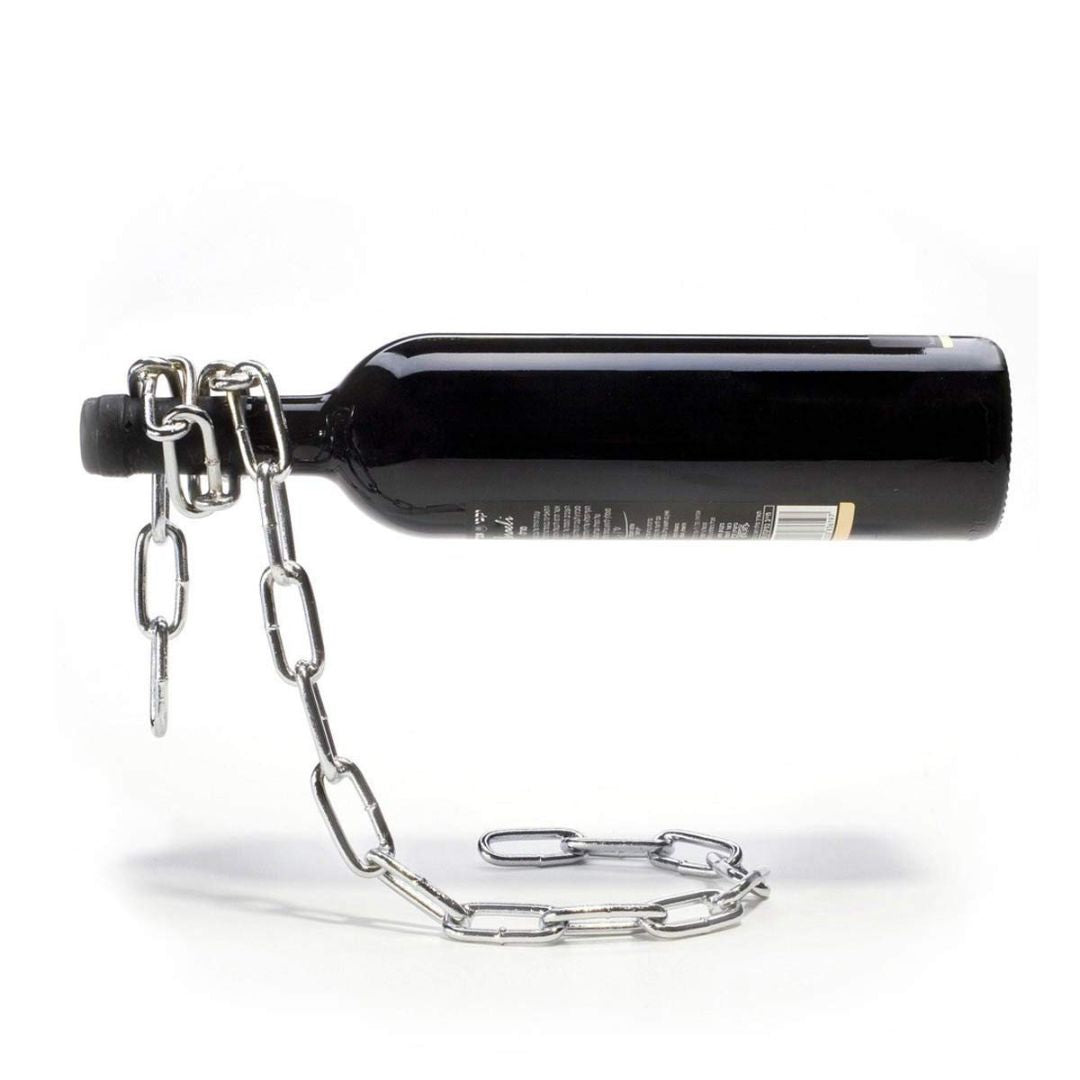 Levino: Optical Illusion Wine Bottle Holder with Floating Chain Design, Tabletop Metal Wine Rack Holder, Unique Home Decor for Bar & Kitchen