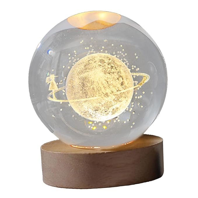 Pluto: 3D LED Crystal Ball Night Lamp with Holographic Engraving & USB-Powered Wooden Base for Home & Office Décor