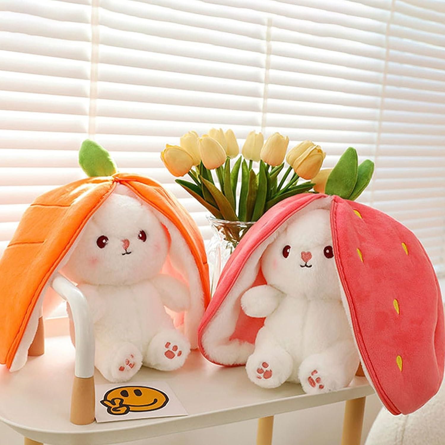 PeekaBoo: Reversible Strawberry Bunny Plush Toy Pillow with Zipper – Soft & Cuddly Gift for Kids & Plush Lovers