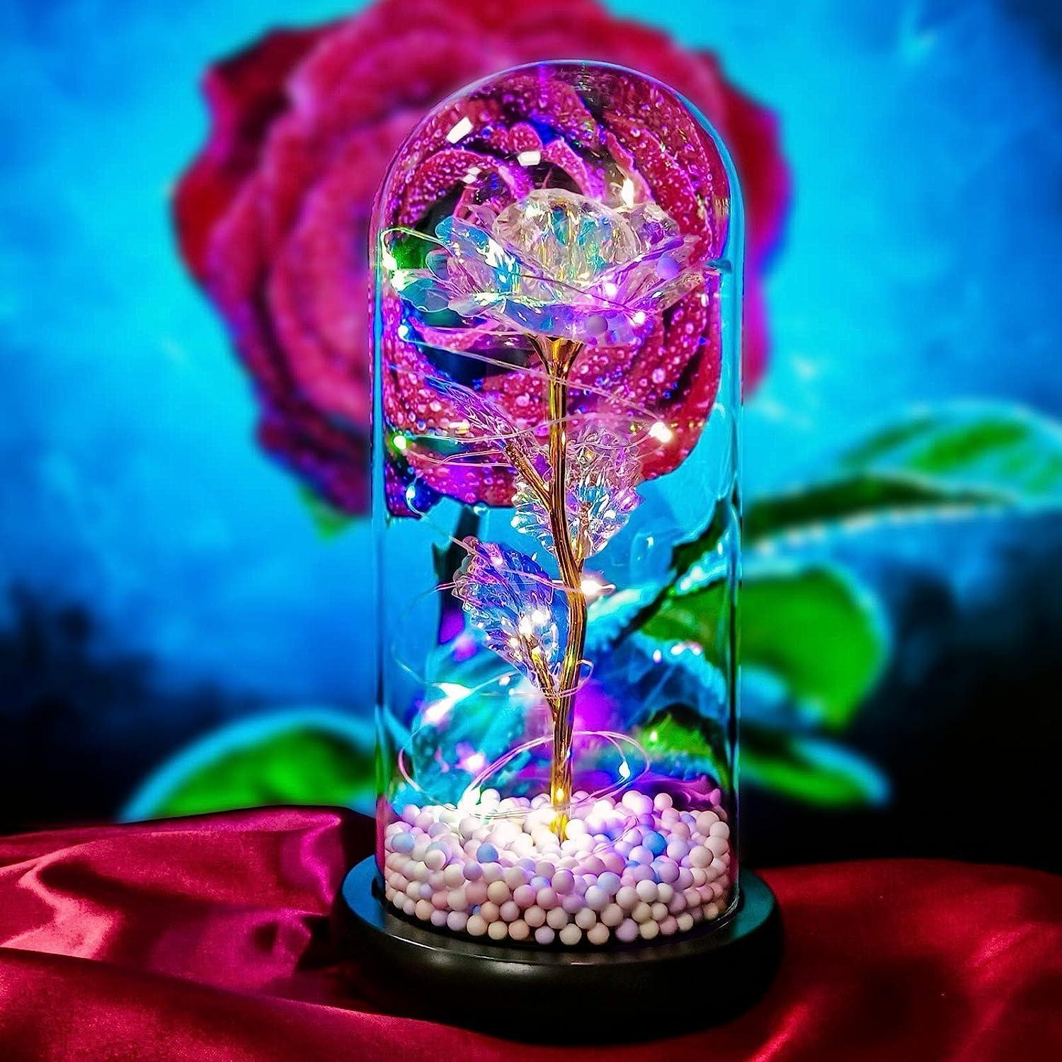 LoveBloom: Forever Glass Rose with Built-in Fairy Lights - Crystal Diamond Cut Rose for Romantic Gifting for Girlfriend & Home Décor
