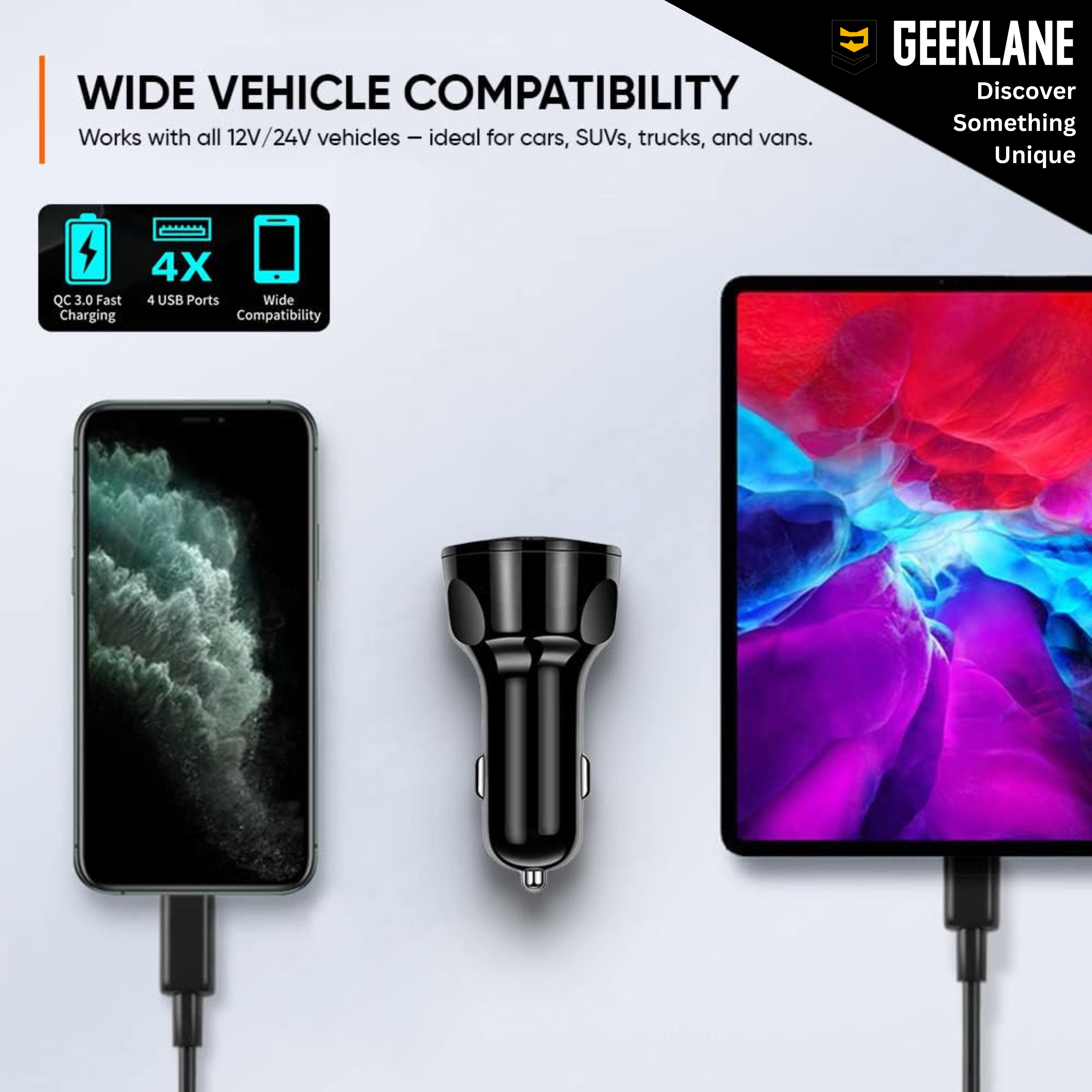 Portsy: 35W Car Charger with Dual USB-C & Dual USB-A Ports, PD 20W & QC 3.0 Fast Charging Adapter for 4 Devices, 12V/24V Compatible for Car