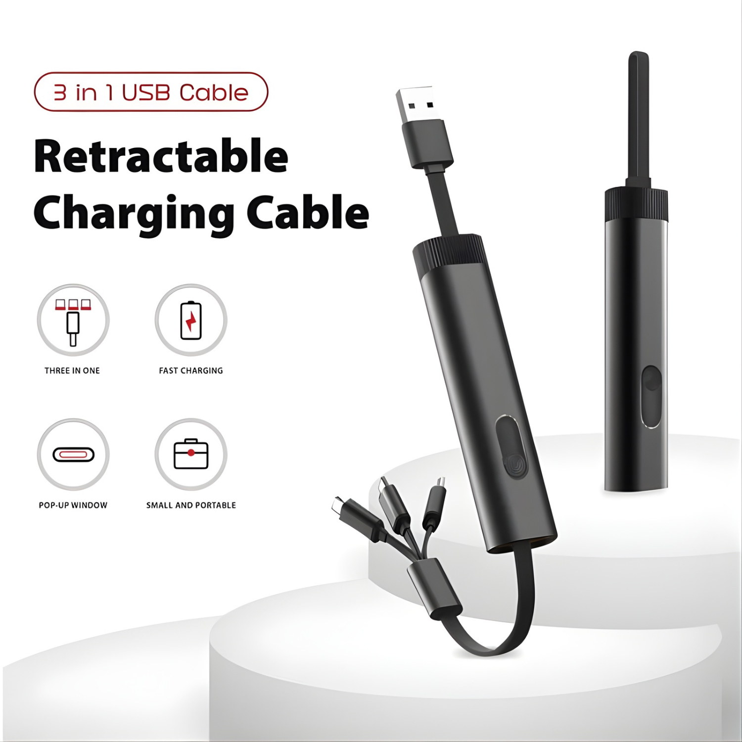 SnapTrio: Retractable 3-in-1 USB Charging Cable with Type-C & Micro-USB, Fast Charging, Tangle-Free Design