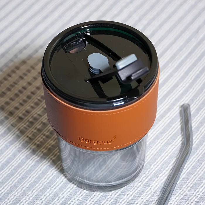 SipMate: Glass Tumbler with Lid, Straw & Leather Sleeve – Perfect for Coffee, Tea, Juice & Everyday Hydration