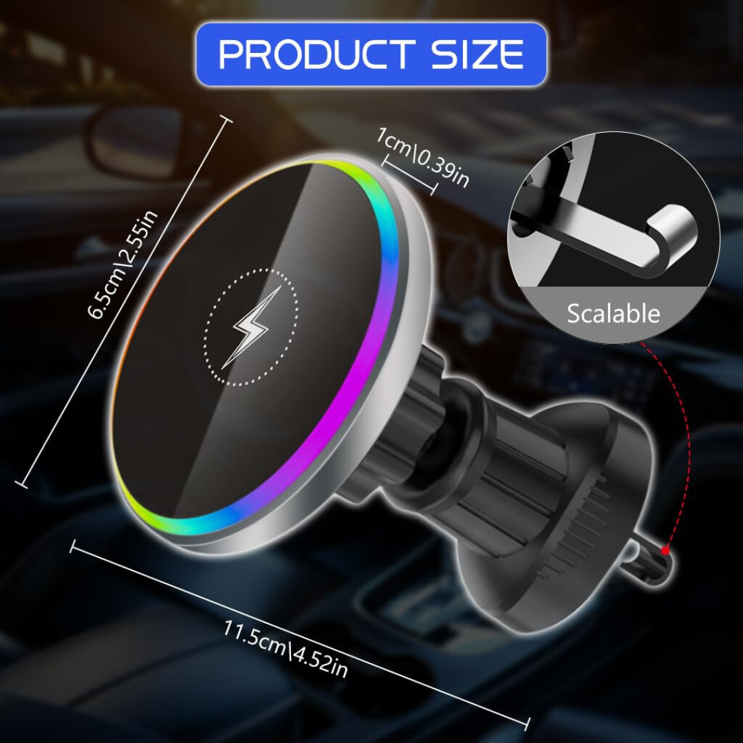 Pulse: MagSafe Car Wireless Charger with Sound-Reactive Ambient Lights & 2-in-1 Phone Mount for Hands-Free Charging