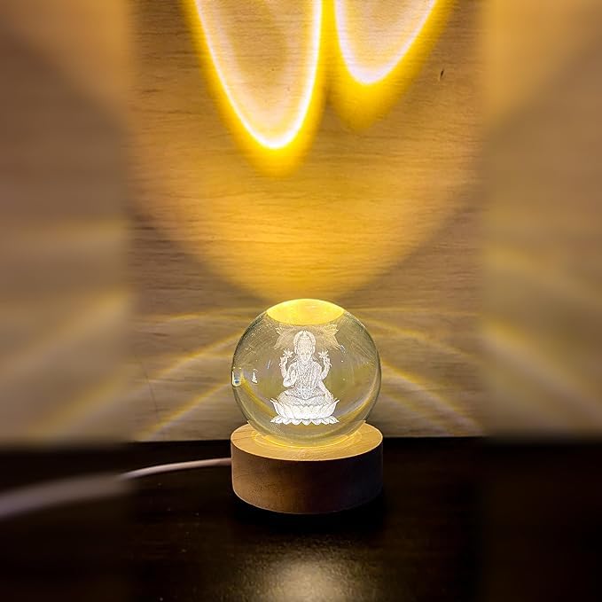 Laxmi: 3D LED Laxmi Ji Crystal Ball Night Lamp with USB-Powered Glow & Wooden Base for Mandir, Home & Office Décor