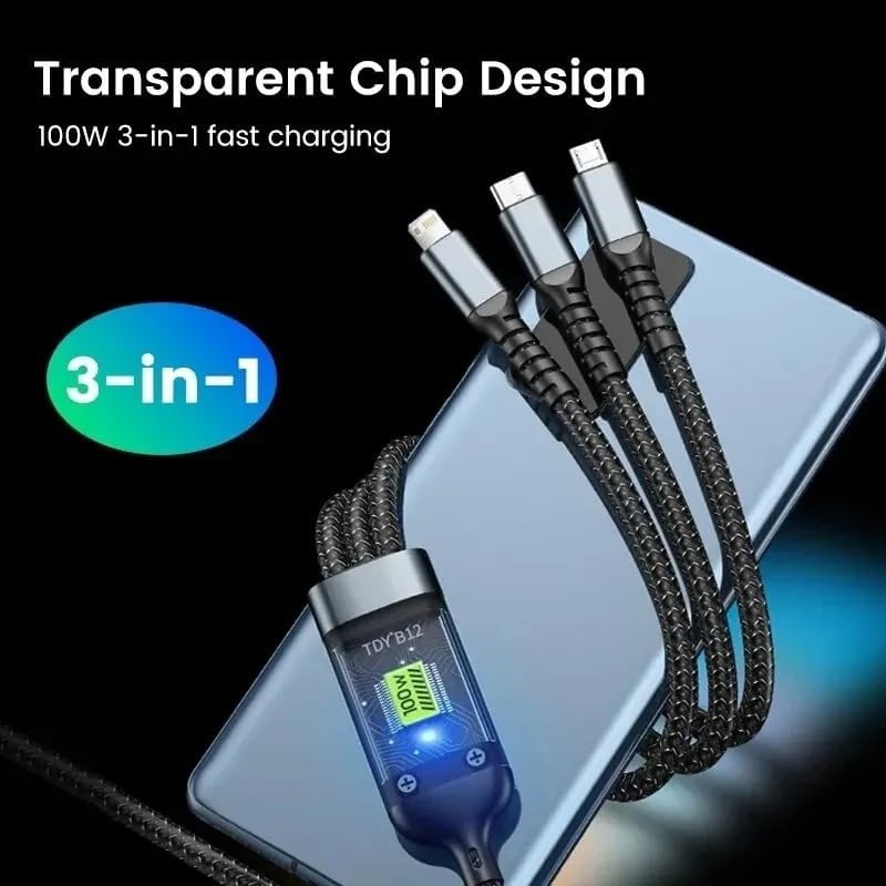 Power100: 3-in-1 100W Fast Charging Cable (1.2M) with Type-C, Micro-USB & Lightning Connectors for Laptops, Tablets & Smartphones