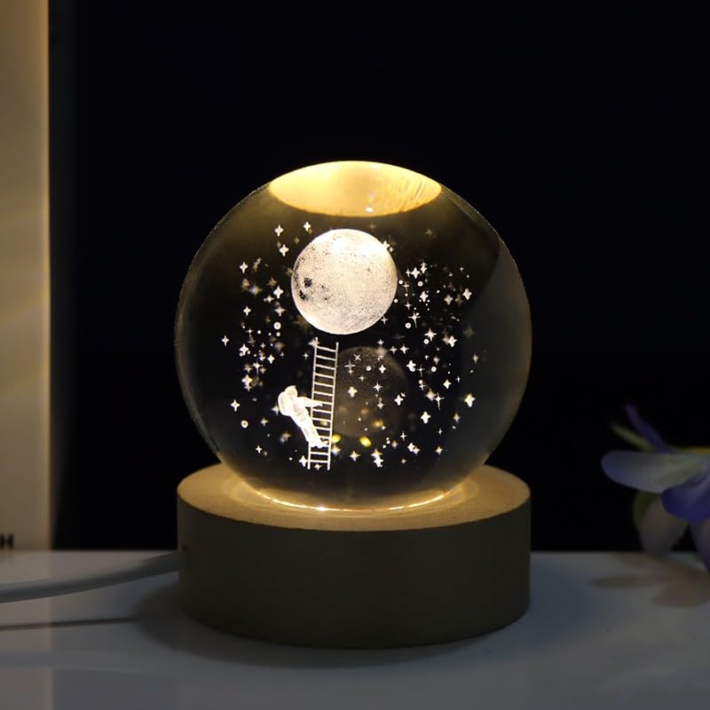 Climb: 3D LED Crystal Ball Night Lamp – Engraved Holographic Light with USB & Wooden Base for Home Décor, Office & Bedroom