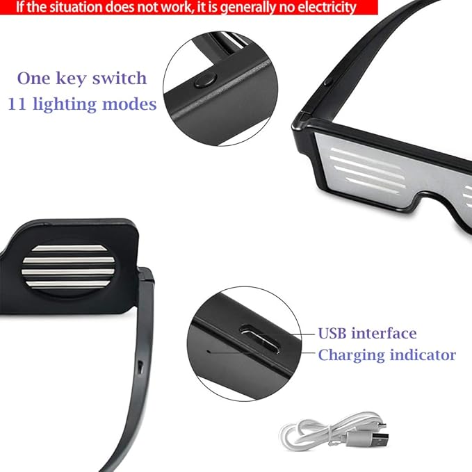 RaveX: USB Rechargeable LED Party Glasses with Dynamic Neon Glow, 11 Patterns & Flashing Modes for Concerts & Nightclubs