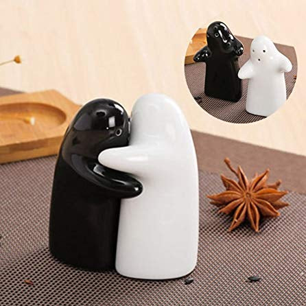 Spooki: Ceramic Salt & Pepper Shaker Set with Cute Hug Design, Easy Refill & Dispense, Black & White Couple Seasoning Jars for Dining, Kitchen & Gift Décor