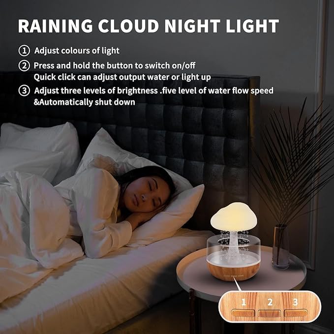 ZenMist: Mindfulness Rain Cloud Humidifier with Water Drop Sounds, 7-Color Night Light & Essential Oil Diffuser for Relaxation & Aromatherapy