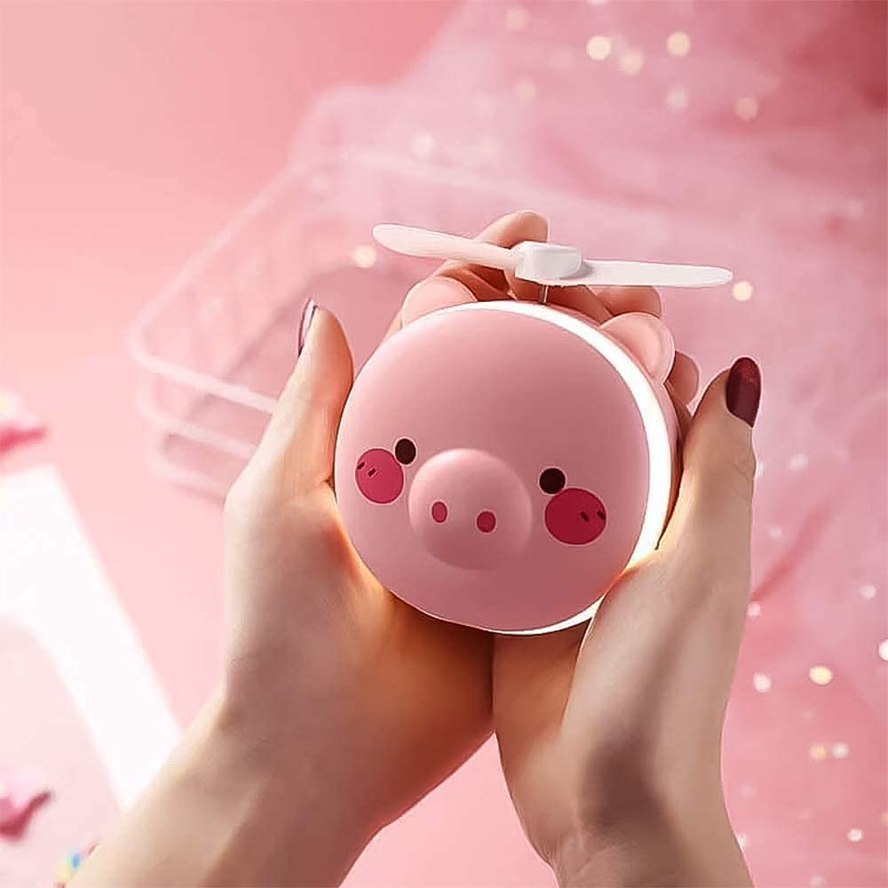 Snouty: 2-in-1 USB Rechargeable Piggy Mini Fan with LED Mirror Light, Cute Handheld Makeup Mirror & Portable Cooling Fan for Daily Use & Travel