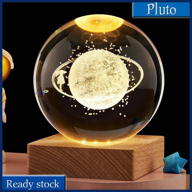 Pluto: 3D LED Crystal Ball Night Lamp with Holographic Engraving & USB-Powered Wooden Base for Home & Office Décor