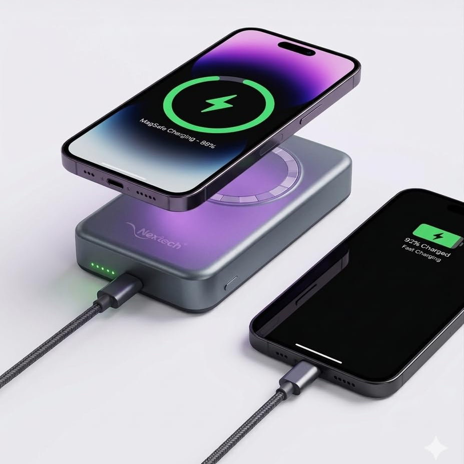 Nextech MagNxt | 10,000mAh Wireless Rapid Charge | Type-C PD | 22.5W Output | Compact, Sleek | 15W Magnetic Charging | LED Indicator | Compatible with iPhone 12 & Qi | Space Grey