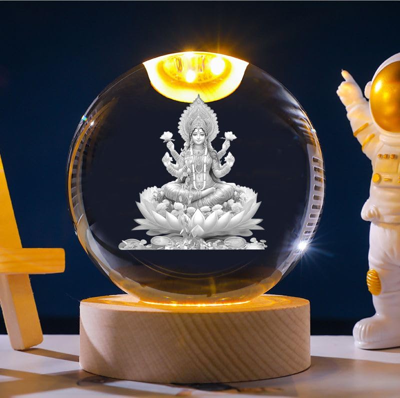 Laxmi: 3D LED Laxmi Ji Crystal Ball Night Lamp with USB-Powered Glow & Wooden Base for Mandir, Home & Office Décor