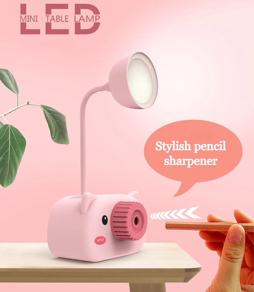 Snortie: Rechargeable LED Table Lamp with Cute Pig Design, Eye-Friendly Study Light with Pen Holder, Sharpener & Camera-Style Look for Kids’ Desk