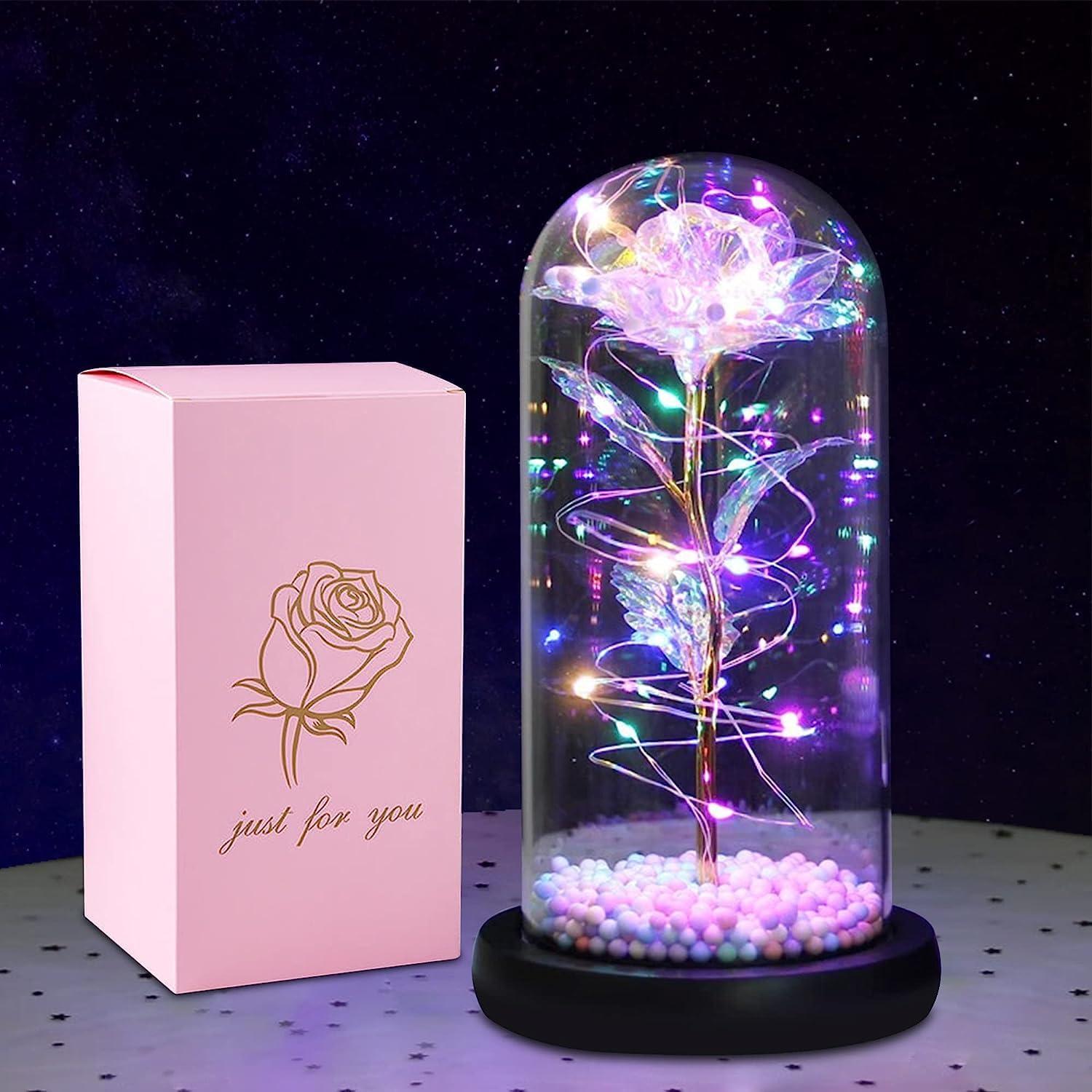 LoveBloom: Forever Glass Rose with Built-in Fairy Lights - Crystal Diamond Cut Rose for Romantic Gifting for Girlfriend & Home Décor