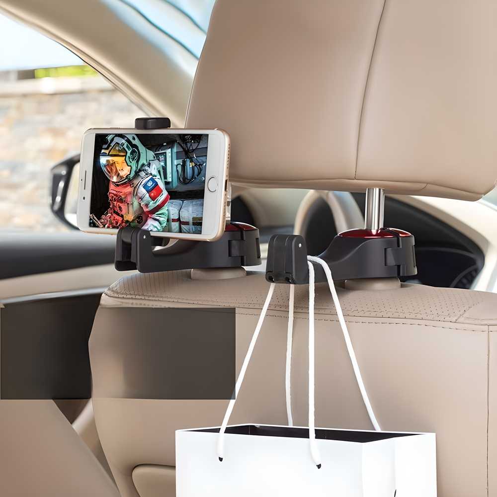 HookMate: Car Back Seat Hooks with Built-in Phone Holder for Bags, Groceries & Headrest Organization
